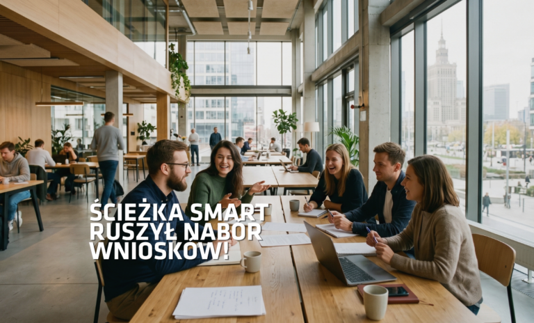 Zdjęcie pięciu współpracujących ze sobą osób w nowoczesnym biurze z widokiem na Pałac Kultury i Nauki. Na obraz nałożony jest tekst ogłaszający: "Ścieżka Smart ruszył nabór wniosków!".